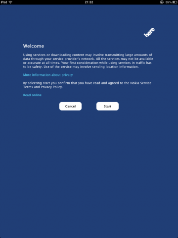Ein Warnhinweis zur Datenmenge - Nokia Here Maps auf dem iPad (Screenshot: Golem.de)